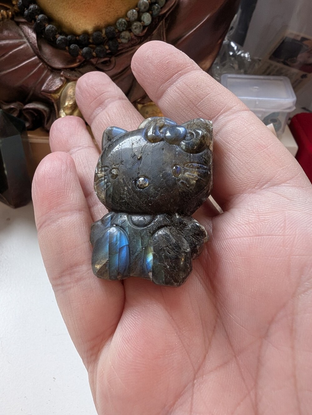 Hand Carved Flashy Iridescent Labradorite Hello Kitty Palm Stone Pocket Stone